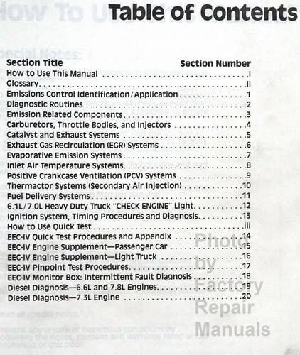 1990 Ford Lincoln Mercury Car and Truck Engine / Emissions Diagnosis Service Manual Table of Contents