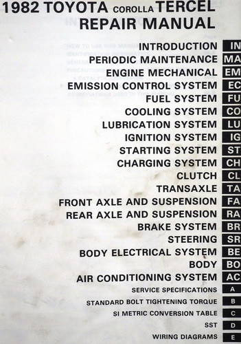 1982 Toyota Corolla Tercel Repair Manual Table of Contents