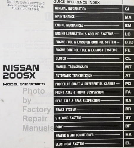 1985 Nissan 200SX Service Manual Table of Contents