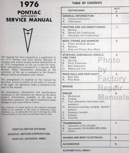 1976 Pontiac Service Manual Supplement Table of Contents