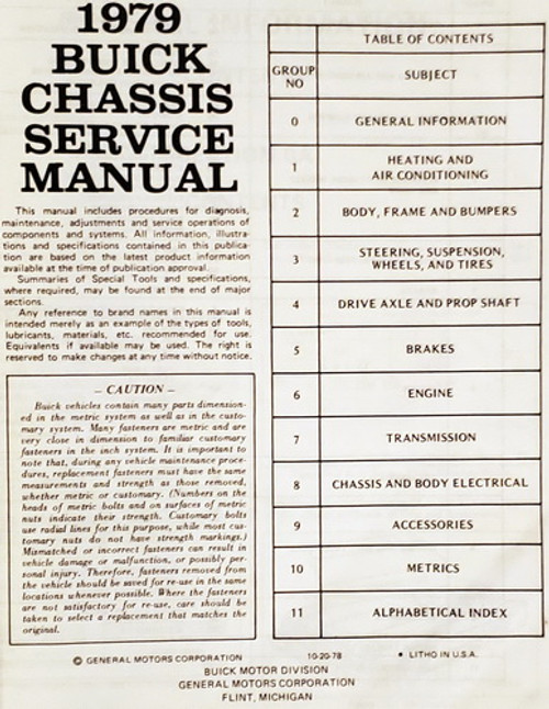 1979 Buick All Series Chassis Service Manual Table of Contents