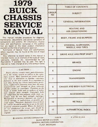 1979 Buick All Series Chassis Service Manual Table of Contents