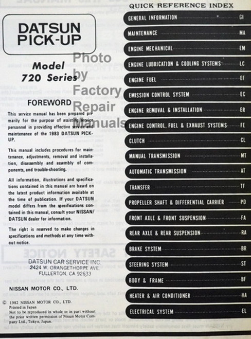 1983 Datsun Pick-up Service Manual Table of Contents