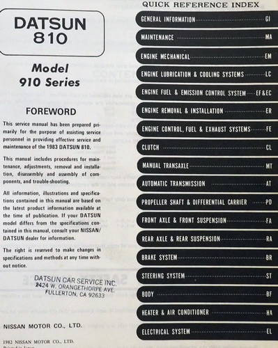 1983 Datsun 810 Nissan Maxima Service Manual Table of Contents