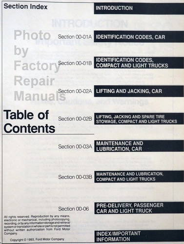 1994 Ford Lincoln Mercury Car and Truck Pre-Delivery Maintenance and Lubrication Manual Table of Contents