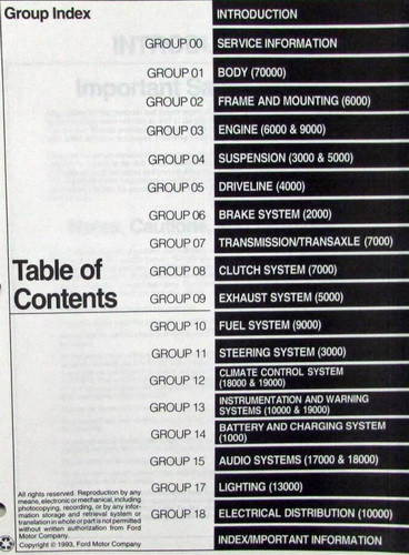 1994 Mercury Capri Service Manual Table of Contents