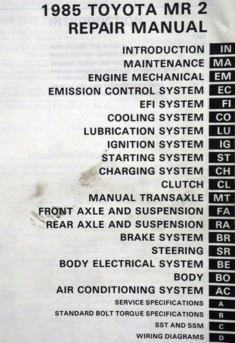 1985 Toyota MR2 Repair Manual Table of Contents