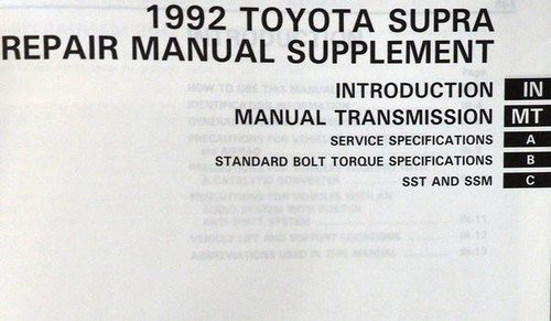 1992 Toyota Supra Repair Manual Supplement Table of Contents