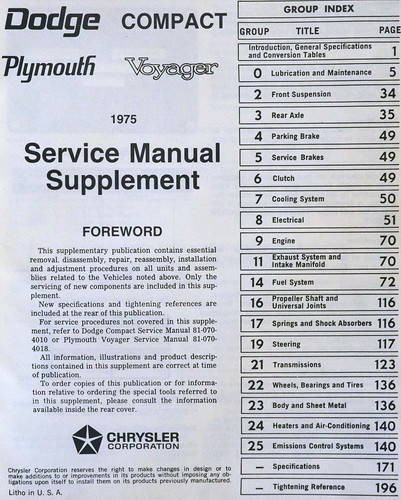 1975 Dodge Compact Van Plymouth Voyager Service Manual Supplement Table of Contents