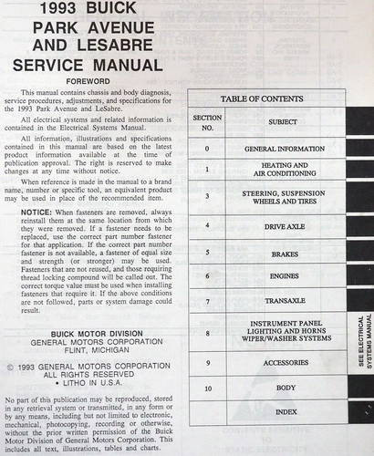 1993 Buick LeSabre Service Manual Table of Contents