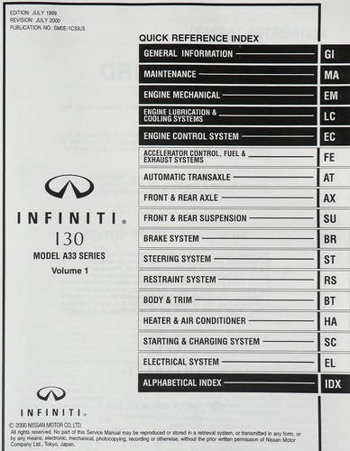 2000 Infiniti I30 Service Manual Table of Contents 1