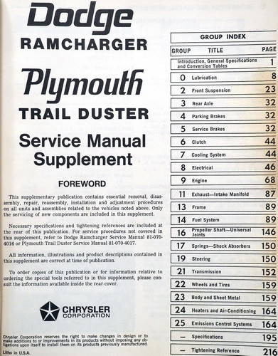 1975 1976 Dodge Ramcharger Plymouth Trail Duster Service Manual Table of Contents