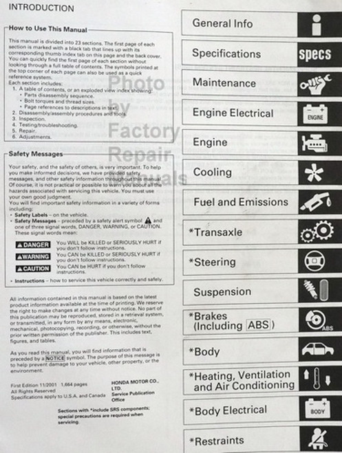 2001 2002 Acura MDX Service Manual Table of Contents