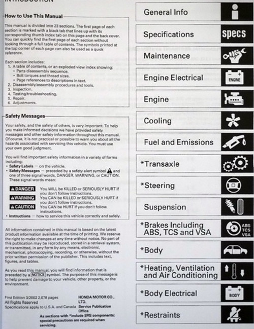 2001-2003 Acura 3.2 CL Service Manual Table of Contents