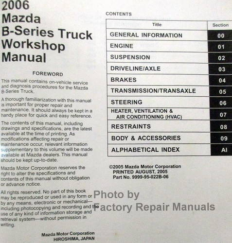 2006 Mazda Truck B2300 B3000 B4000 Workshop Manual Table of Contents