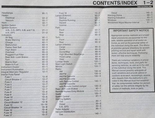 1993 Ford Econoline Electrical and Vacuum Troubleshooting Manual Table of Contents 2
