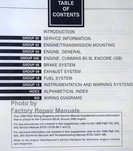 1999 Ford F800 Service Manual and Wiring Diagrams Supplement Table of Contents