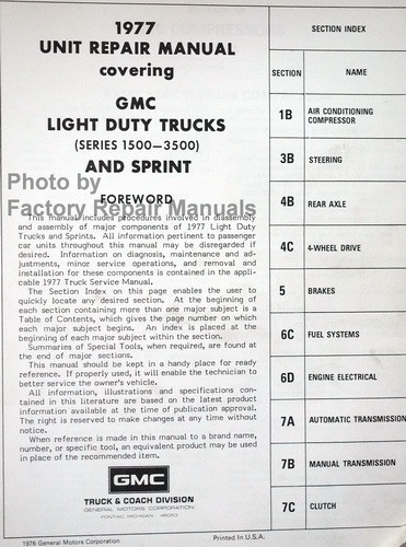 1977 GMC Truck Suburban Jimmy Van Unit Repair (Overhaul) Manual Table of Contents