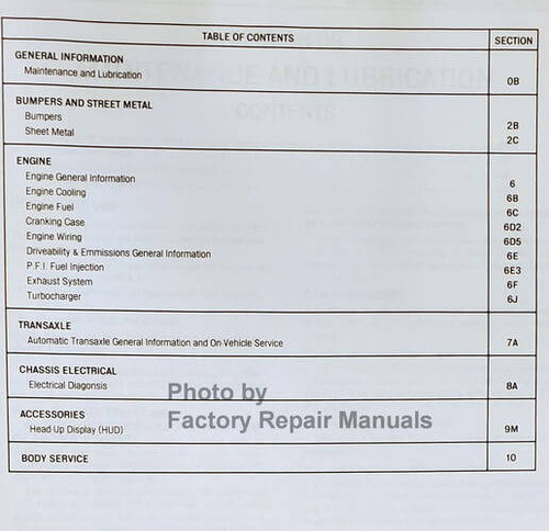 1989 Pontiac Turbo Grand Prix Service Manual Supplement Table of Contents