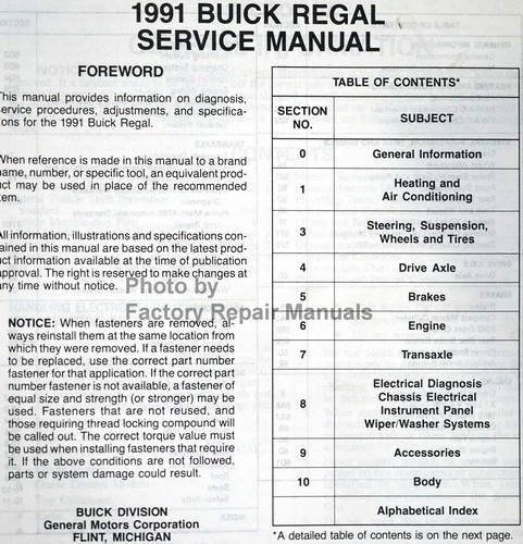 1991 Buick Regal Service Manual Table of Contents