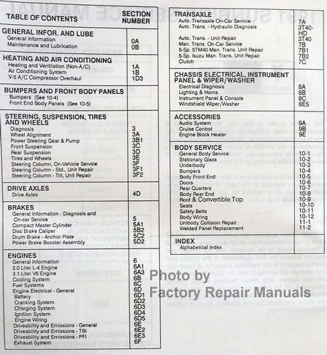 1991 Pontiac Sunbird Service Manual Table of Contents
