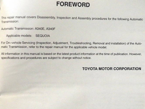 Toyota A340E / A340F Automatic Transmission Repair Manual Vehicle Application