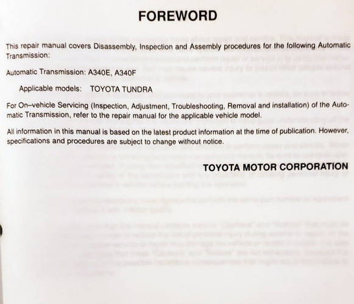 Toyota A340E / A340F Automatic Transmission Repair Manual Vehicle Applications