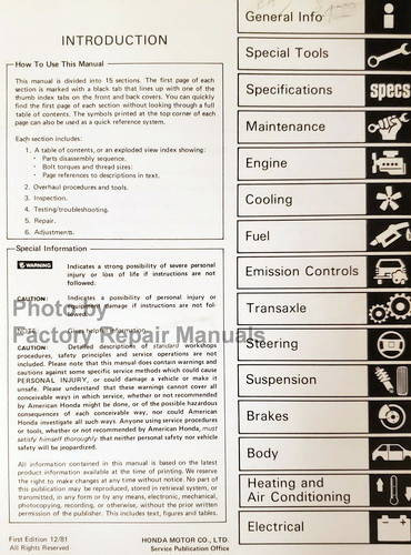 1982 Honda Prelude Service Manual Table of Contents