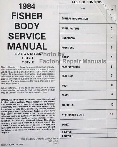 1984 Fisher Body \"B-D-E-G-K and F & T Styles\" Service Manual Table of Contents