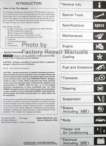 1994 Honda Civic Del Sol Service Manual Table of Contents