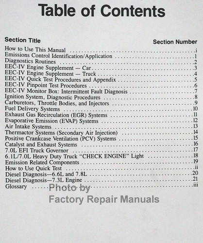 1991 Ford Lincoln Mercury Car & Truck Engine and Emissions Diagnosis Service Manual Table of Contents