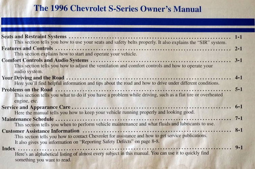 1996 Chevy S10 Pickup Truck Owner\'s Manual Table of Contents