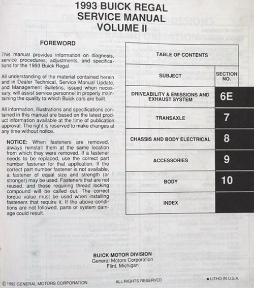 1993 Buick Regal Service Manual Volume 2 Table of Contents
