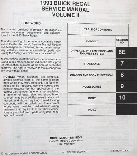 1993 Buick Regal Service Manual Volume 2 Table of Contents
