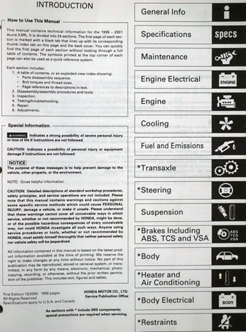 1996-2001 Acura 3.5RL Factory Service Manual Table of Contents