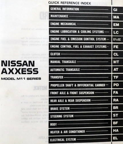 1990 Nissan Axxess Service Manual Table of Contents