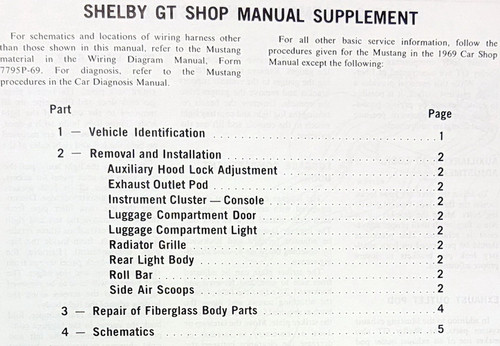1969 Ford Shelby GT350 GT500 Shop Manual Supplement Table of Contents