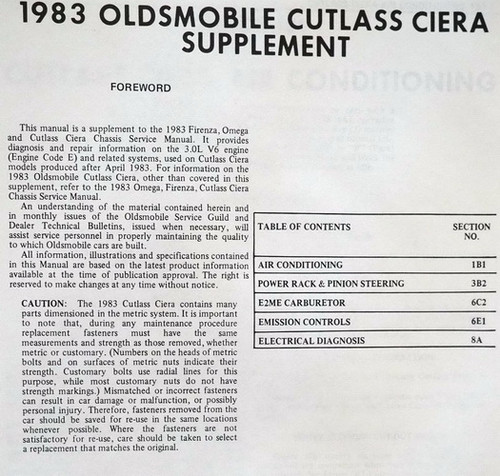 1983 Olds Cutlass Ciera V6 Engine Service Repair Manual Supplement Table of Contents