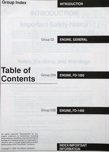 1994 Ford 1060 and 1460 Diesel Engine Service Manual Supplement Table of Contents