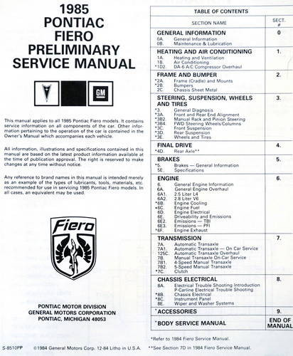 1985 Pontiac Fiero Preliminary Service Manual Table of Contents