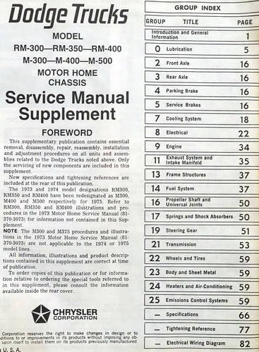 1974 1975 Dodge Motor Home Chassis Service Manual Table of Contents