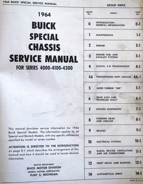 1964 Buick Special, Special Deluxe & Skylark Chassis Service Manual 4000-4100-4300 Table of Contents