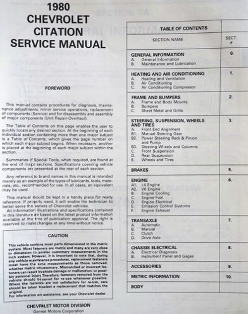 1980 Chevy Citation Shop Manual Table of Contents