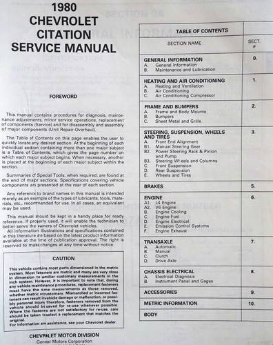 1980 Chevy Citation Shop Manual Table of Contents