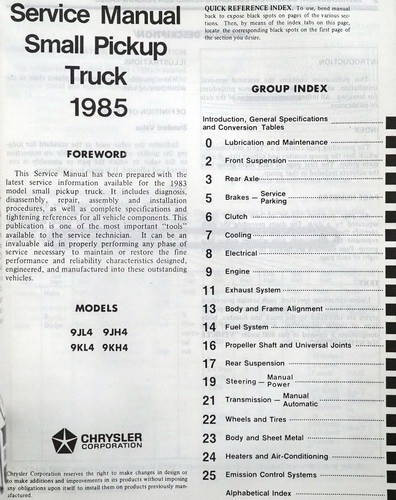 1988 Dodge Ram 50 Service Manual Table of Contents