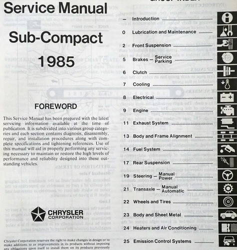 1985 Dodge Colt Plymouth Colt Service Manual Table of Contents