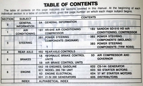 1992 Chevy Kodiak GMC Topkick P6 Unit Repair Overhaul Manual Table of Contents