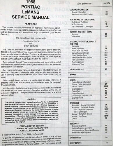1988 Pontiac LeMans Service Manual Table of Contents
