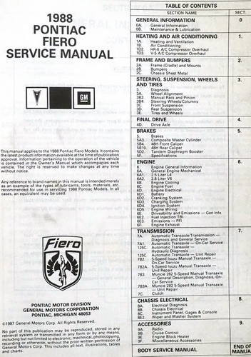 1988 Pontiac Fiero Service Manual Table of Contents