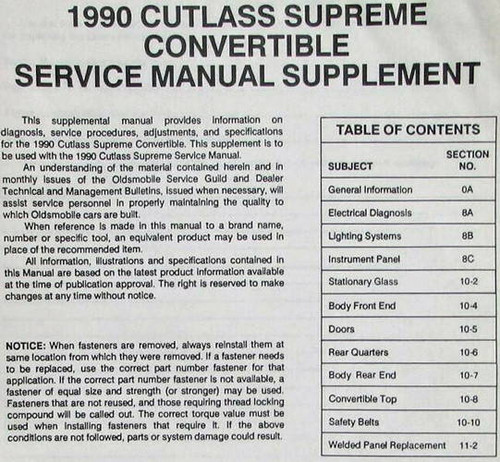 1990 Oldsmobile Cutlass Supreme Convertible Service Manual Supplement Table of Contents